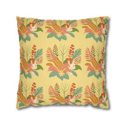 A square decorative throw pillow featuring a retro tropical floral pattern on a pale yellow background, with coral, orange, green, and beige botanical motifs.