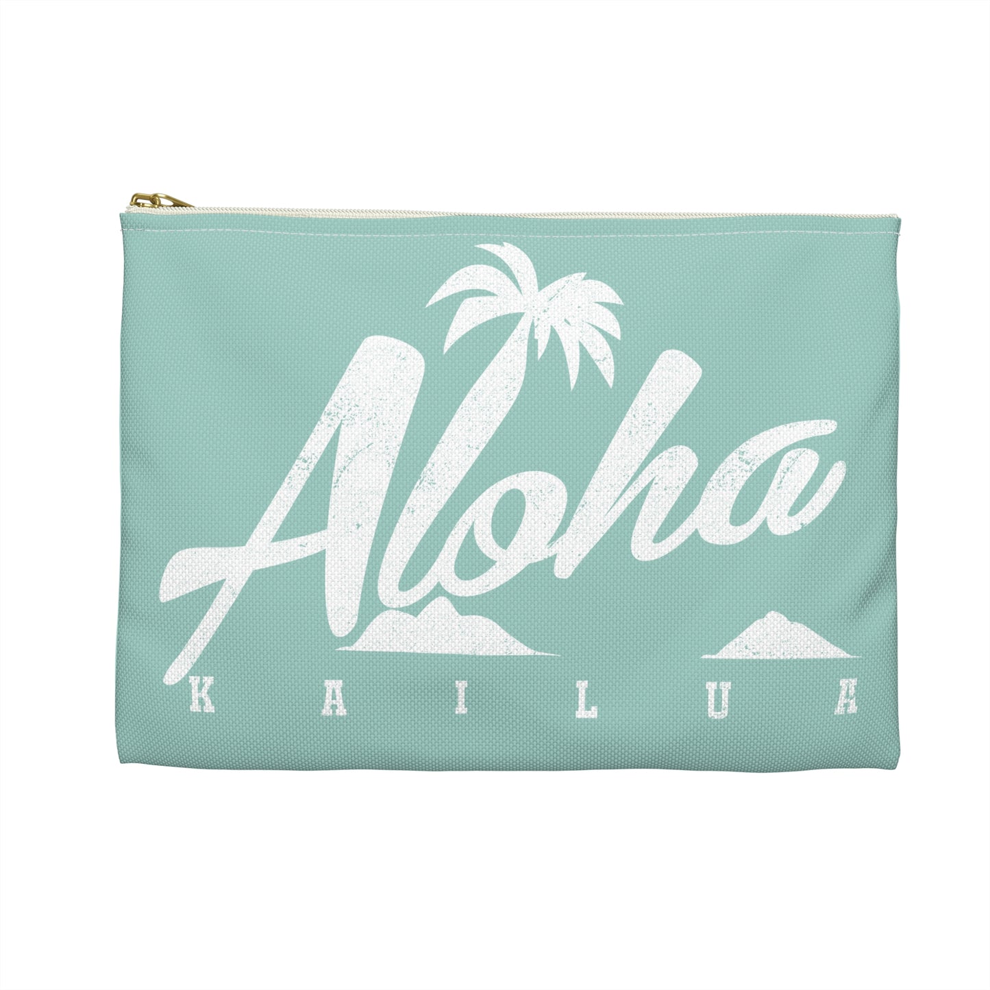 A mint green zippered pouch featuring a white distressed graphic that reads 'Aloha KAILUA' with a palm tree and mokulua islands, shown on a plain white background.
