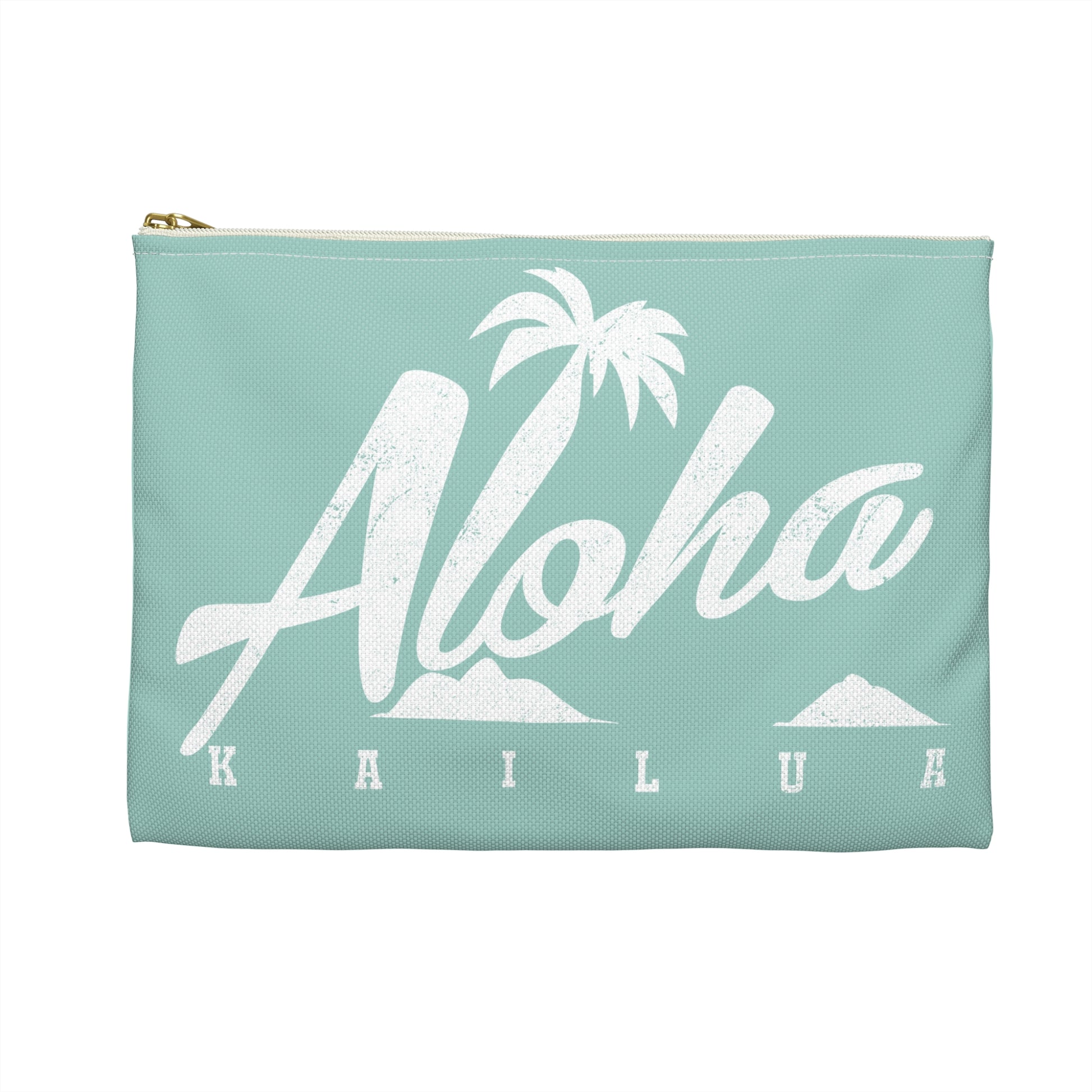 A mint green zippered pouch featuring a white distressed graphic that reads 'Aloha KAILUA' with a palm tree and mokulua islands, shown on a plain white background.