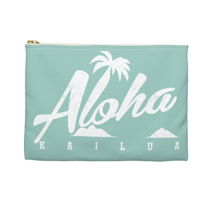 A mint green zippered pouch featuring a white distressed graphic that reads 'Aloha KAILUA' with a palm tree and mokulua islands, shown on a plain white background.