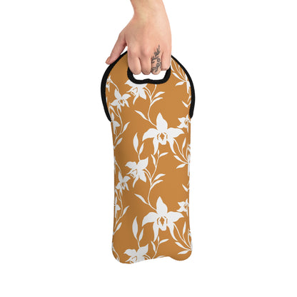 Caramel insulated neoprene wine tote bag with a white tropical orchid print, black trim and built-in carrying handle.