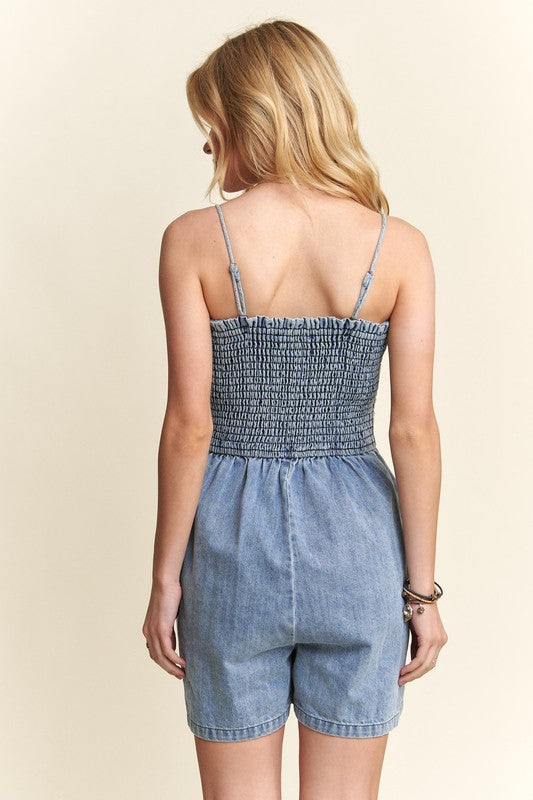 Smocked Spaghetti Strap Denim Romper