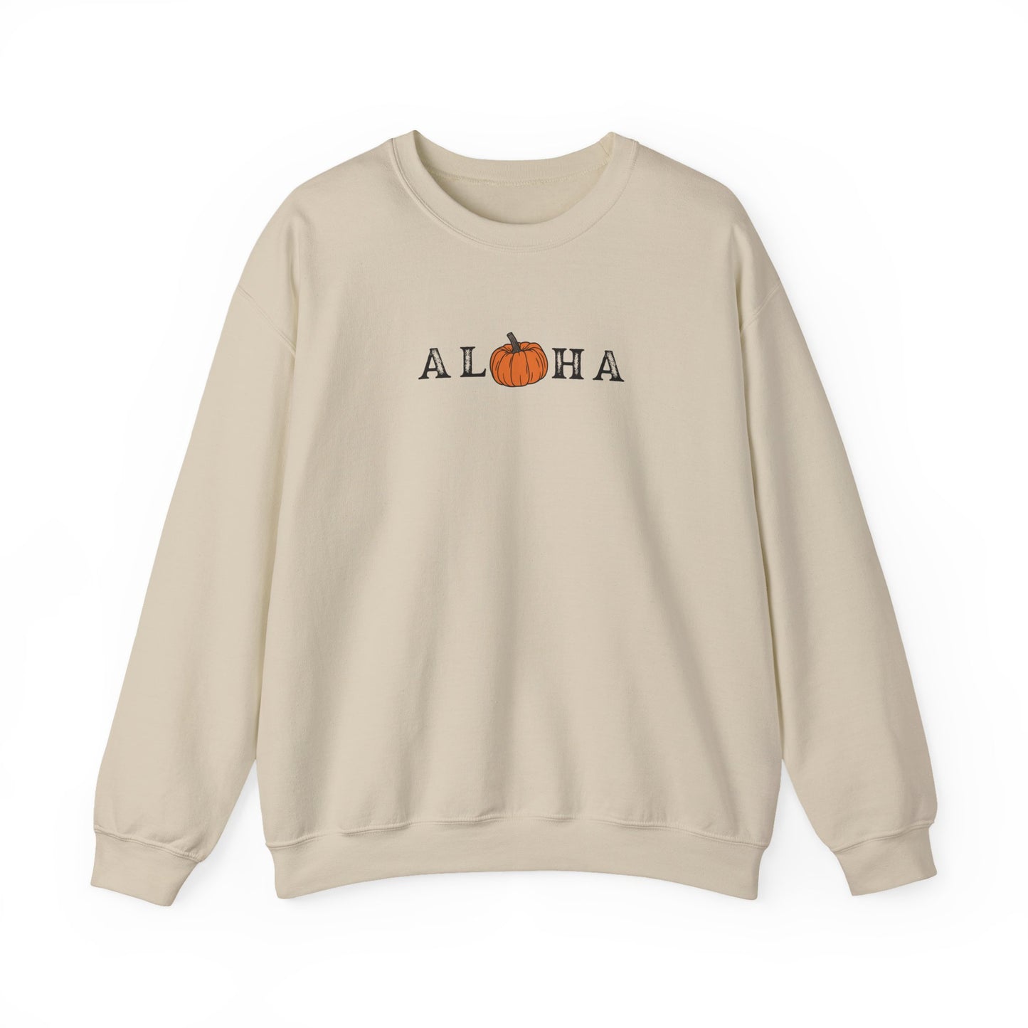 A beige crewneck sweatshirt featuring a graphic print of the word 'ALOHA' with the letter 'O' replaced by an orange pumpkin illustration, set against a plain white background.