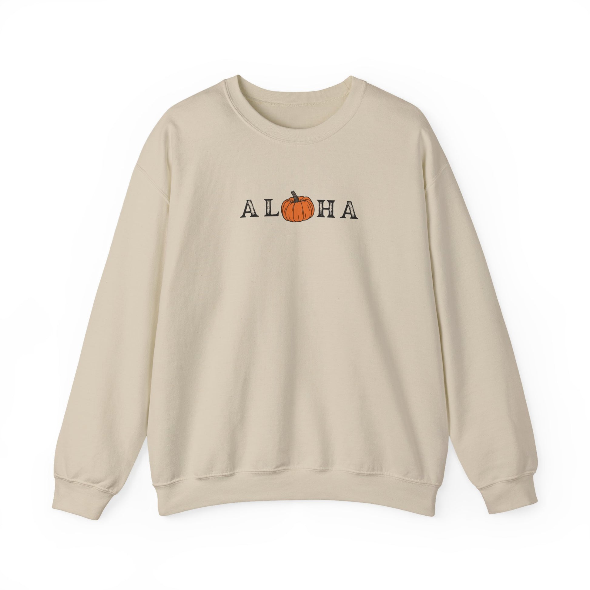A beige crewneck sweatshirt featuring a graphic print of the word 'ALOHA' with the letter 'O' replaced by an orange pumpkin illustration, set against a plain white background.