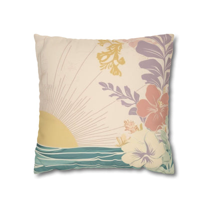 pastel sunrise wave faux suede pillow cover, featuring tropical florals and ocean-inspired artwork