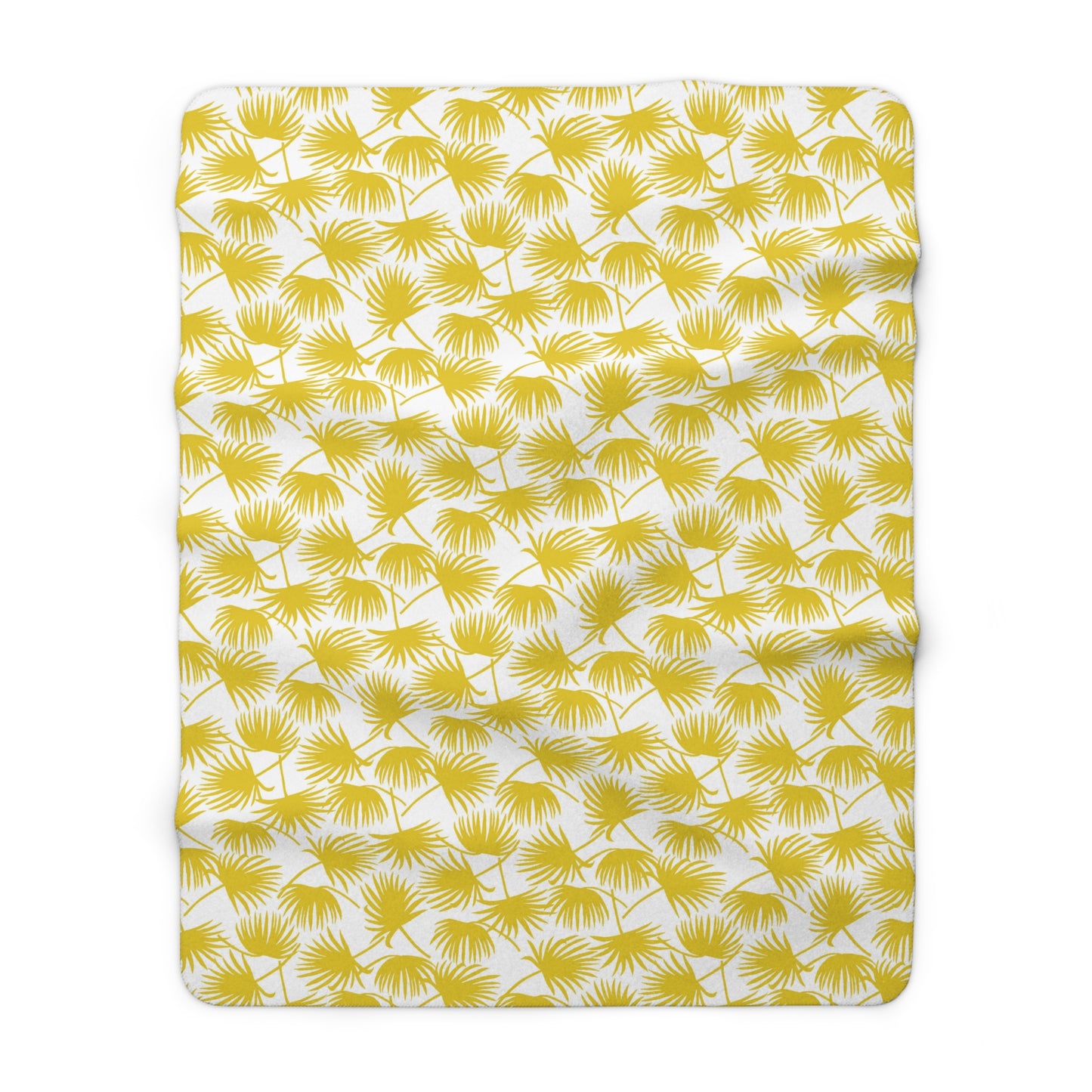 A fleece throw blanket, featuring a repeating yellow palm leaf pattern on a white background.