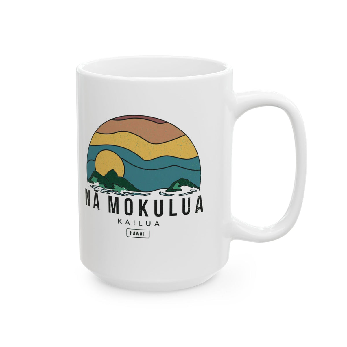 A white ceramic mug with a colorful retro sunset graphic and the text 'NA MOKULUA KAILUA HAWAII' printed on the side, shown on a clean white background.