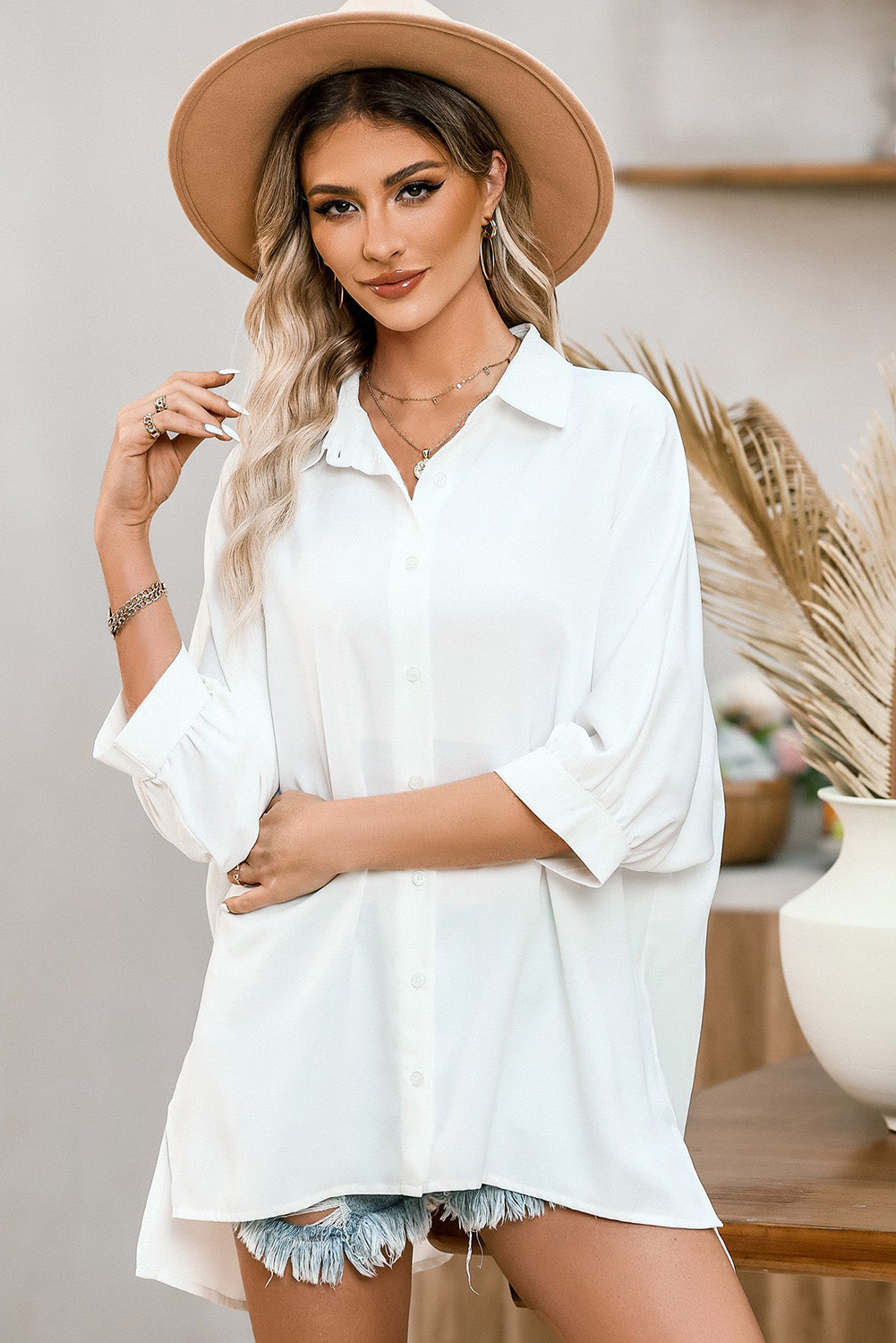 White Collared Neck Button Up Shirt