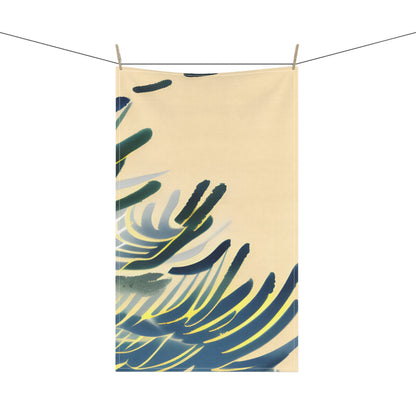 A rectangular beige tea towel hanging from a clothesline with two wooden clips, featuring an abstract tropical leaf pattern in dark green, navy blue, and pale yellow on a white background.
