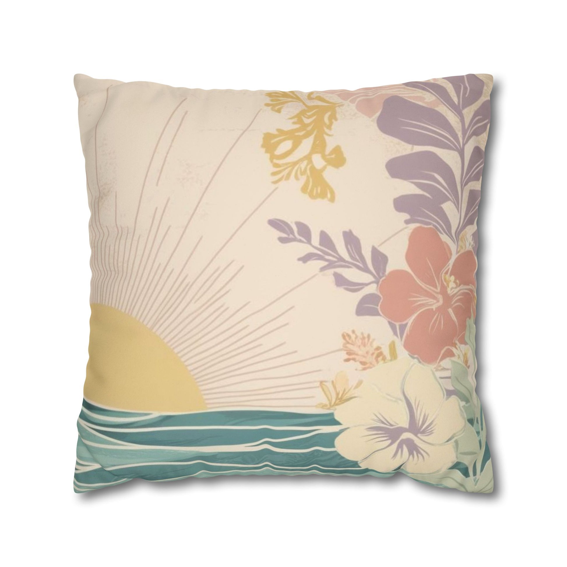 A square decorative throw pillow featuring a tropical beach design with a yellow sun, teal ocean waves, and hibiscus flowers in purple, coral, and cream on a light beige background.