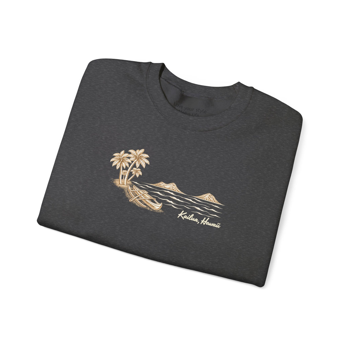 Folded  Reverse hand-drawn Kailua canoe and Mokulua Islands unisex dark grey sweatshirt with ivory and tan artwork