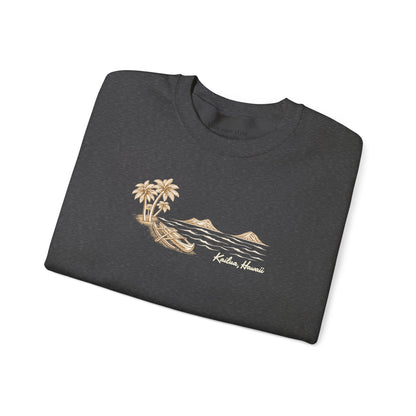 Folded  Reverse hand-drawn Kailua canoe and Mokulua Islands unisex dark grey sweatshirt with ivory and tan artwork