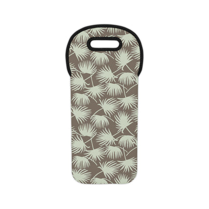 Mint insulated neoprene wine tote bag with a mocha tropical fan palm print, black trim and built-in carrying handle.