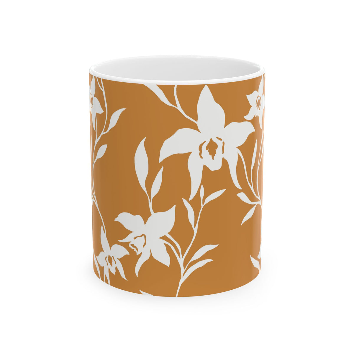 Orchid Caramel coffee mug with white tropical orchid print by Global Village Kailua