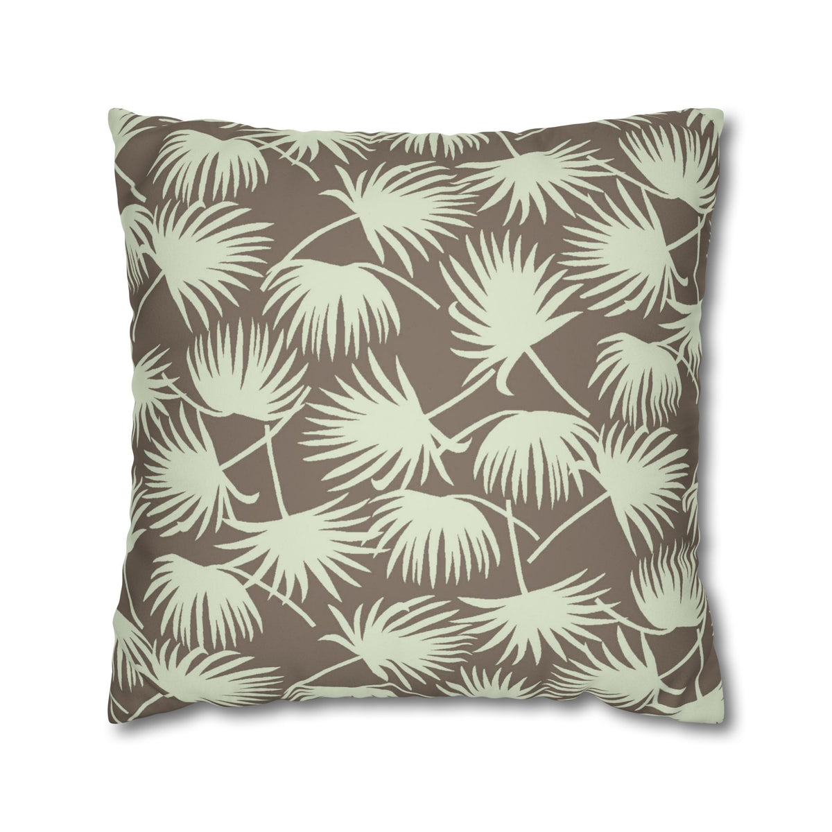 A square throw pillow featuring a repeating palm leaf pattern in sage green on a warm taupe-brown background, shown against a plain white studio background.