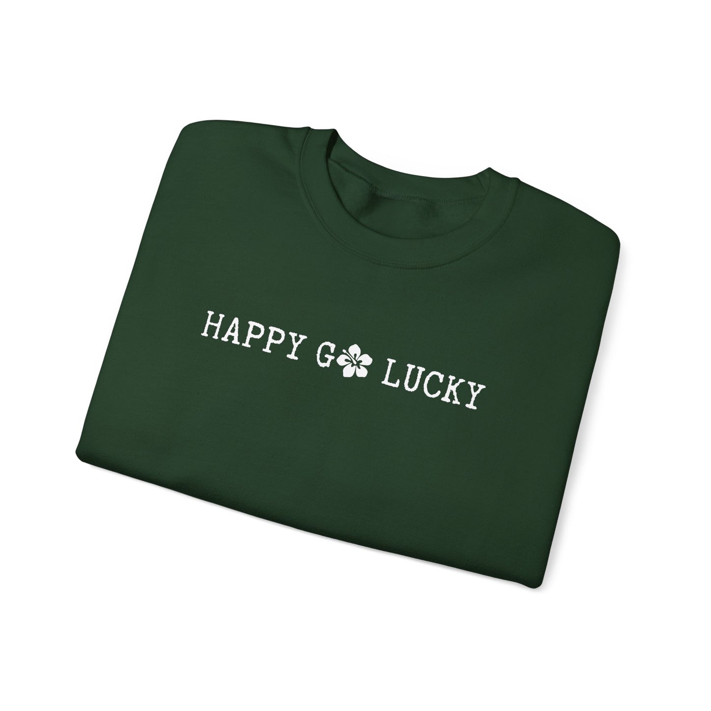 Folded green sweatshirt with 'Happy Go Lucky' text on a white background