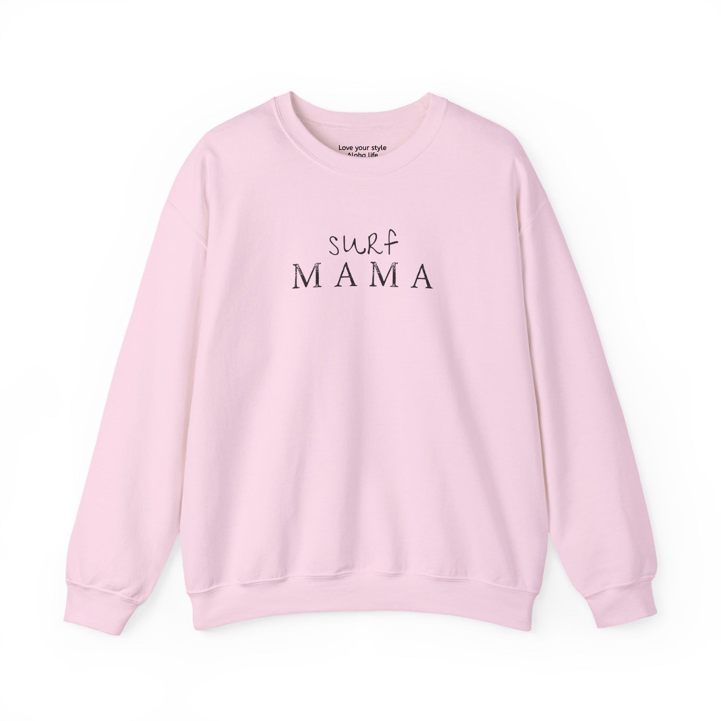 A light pink crewneck sweatshirt with 'surf MAMA' printed in black across the chest, displayed flat against a white background.