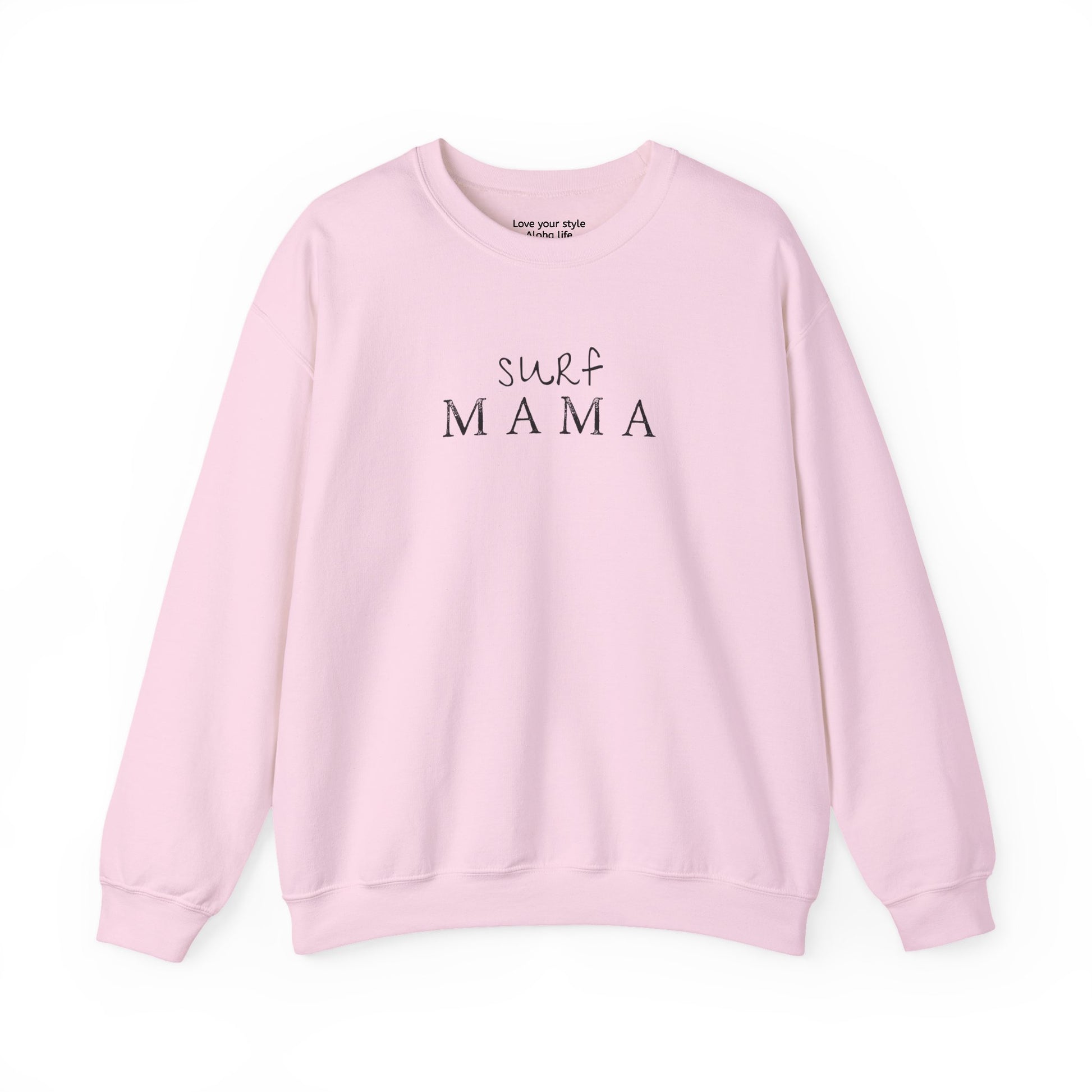 A light pink crewneck sweatshirt with 'surf MAMA' printed in black across the chest, displayed flat against a white background.