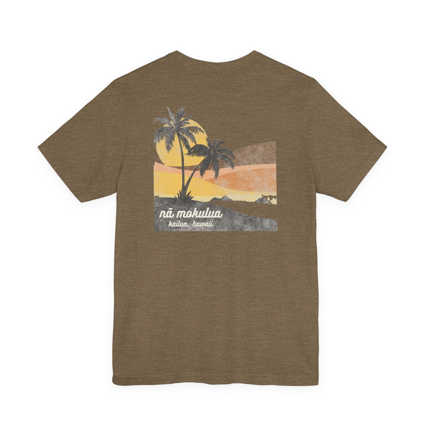 A heather olive short-sleeve t-shirt with a vintage-style graphic on the back depicting two palm trees against a yellow and orange sunset, with the text 'ná makulua' and 'Kailua, Hawaii!' printed below.