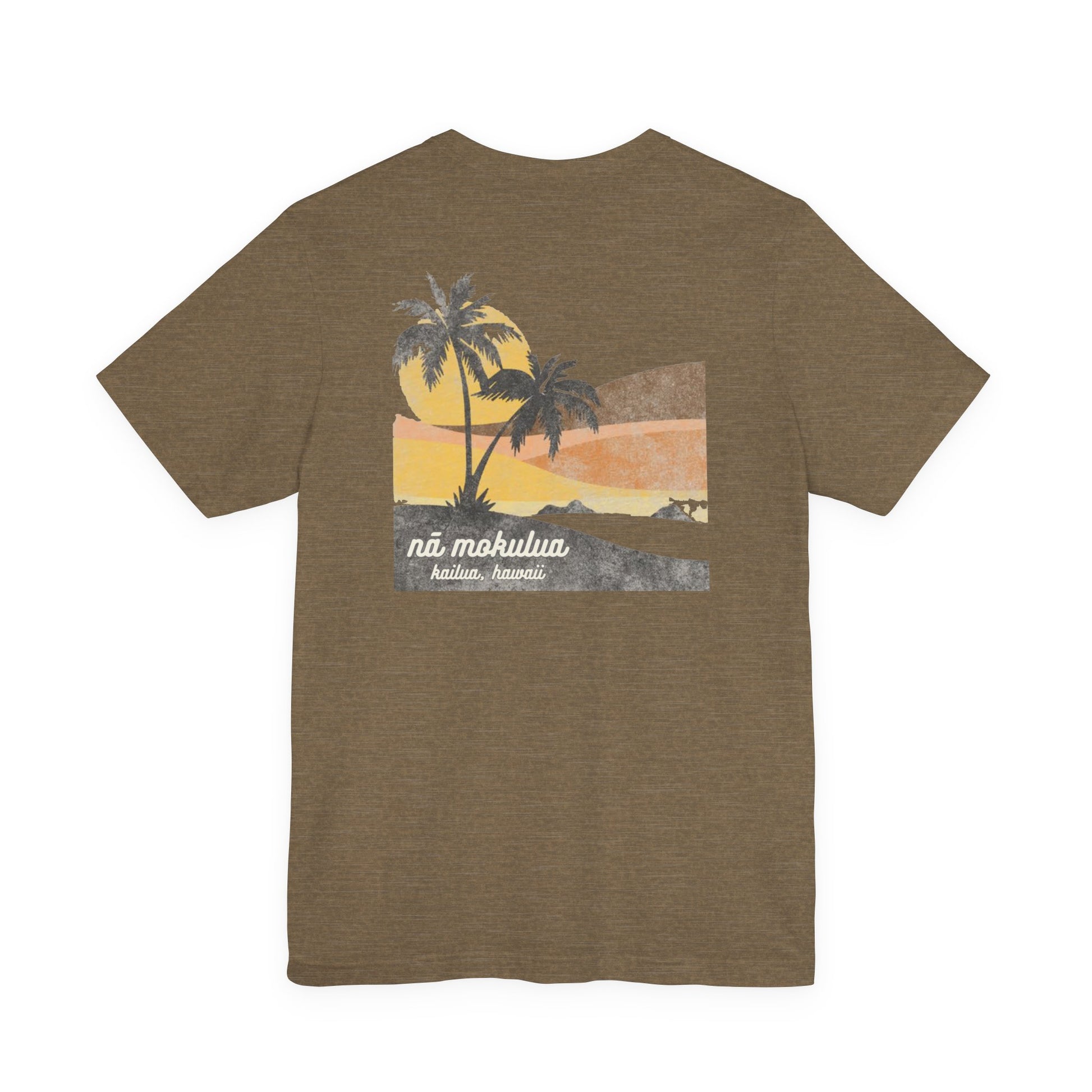 A heather olive short-sleeve t-shirt with a vintage-style graphic on the back depicting two palm trees against a yellow and orange sunset, with the text 'ná makulua' and 'Kailua, Hawaii!' printed below.