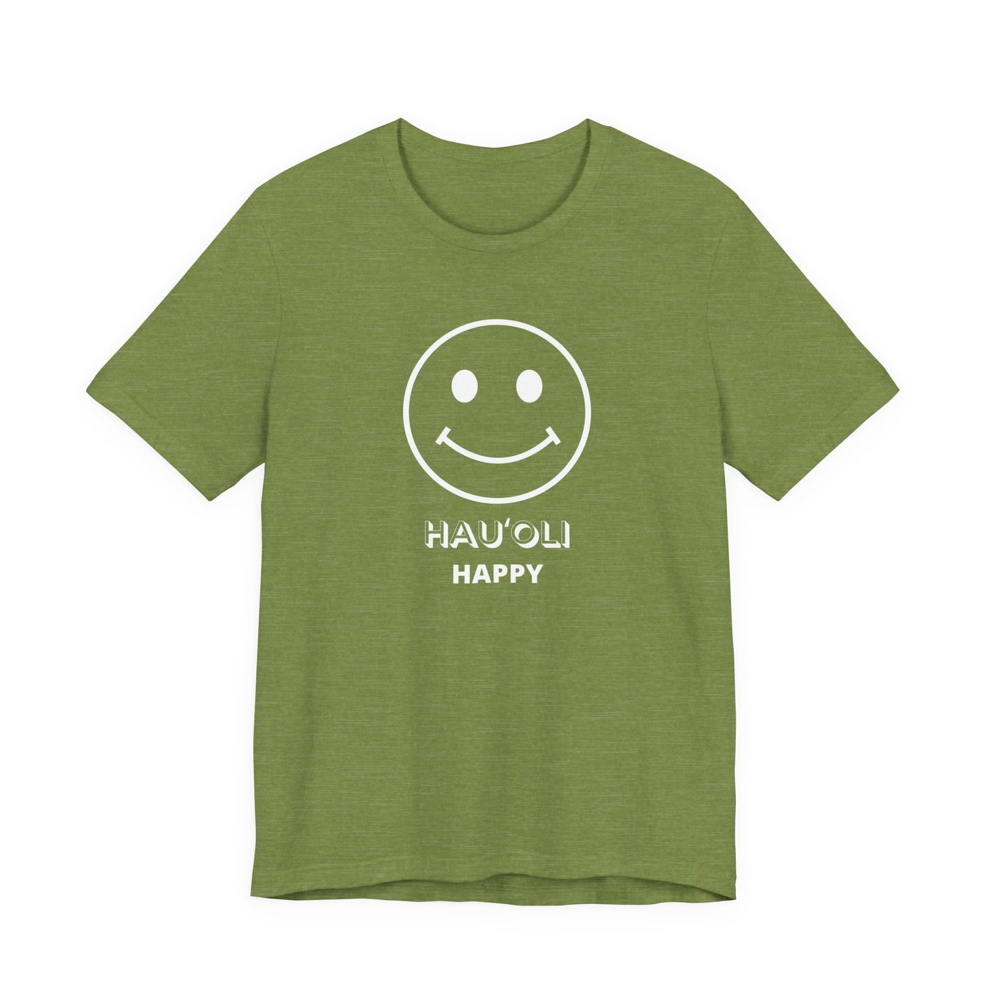 Green t-shirt with white graphic design with smiley face and text ʻHAUʻOLI HAPPYʻ on a white background