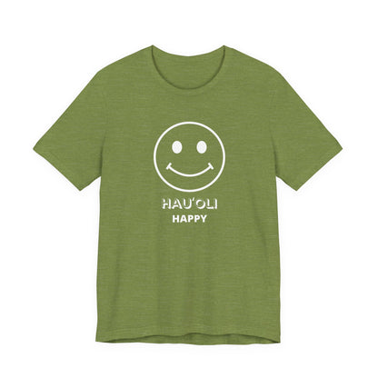 Green t-shirt with white graphic design with smiley face and text ʻHAUʻOLI HAPPYʻ on a white background