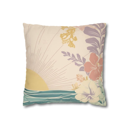 pastel sunrise wave faux suede pillow cover, featuring tropical florals and ocean-inspired artwork