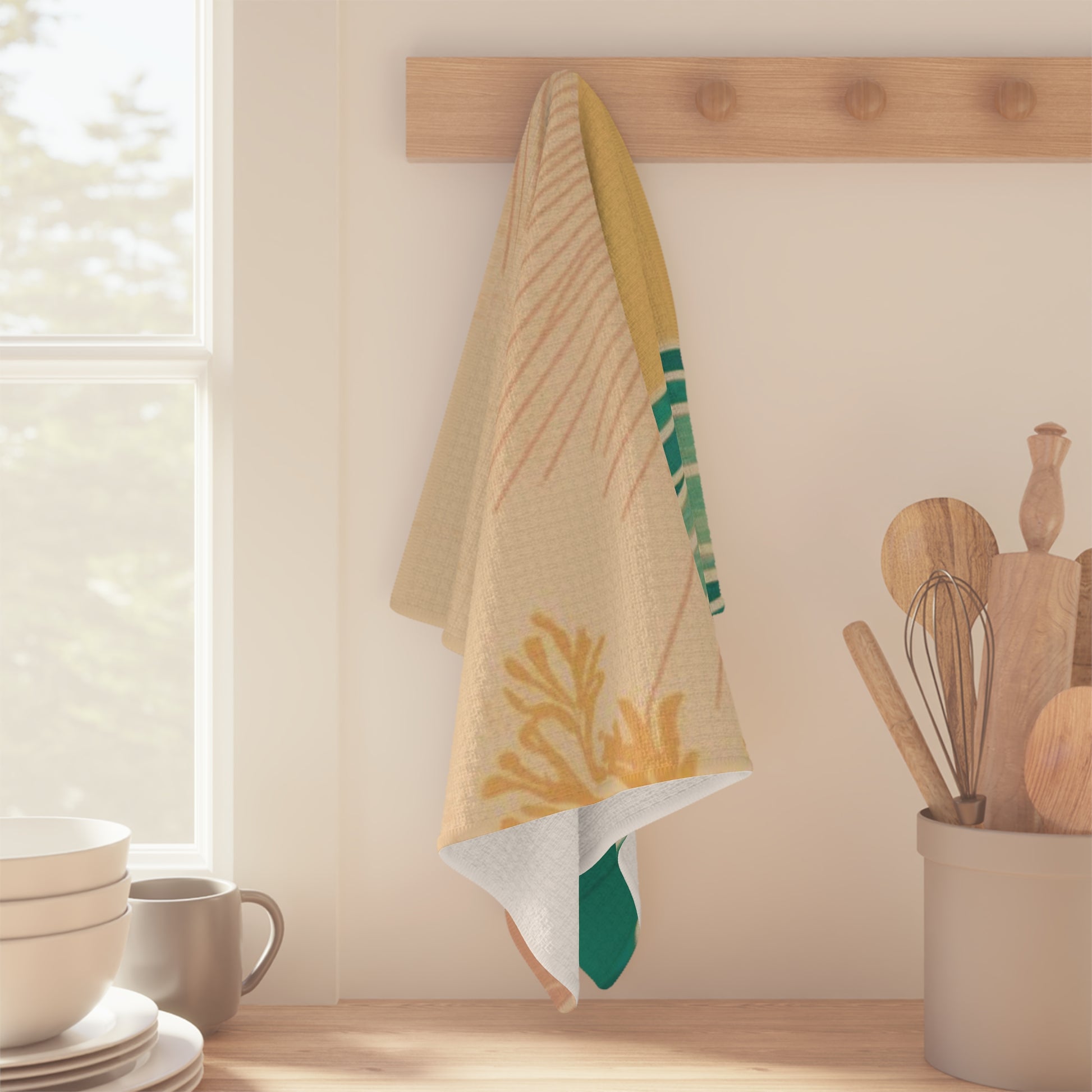 A kitchen towel with a yellow and green botanical pattern hanging from a wooden peg rack on a cream wall, with kitchen utensils and a window in the background.