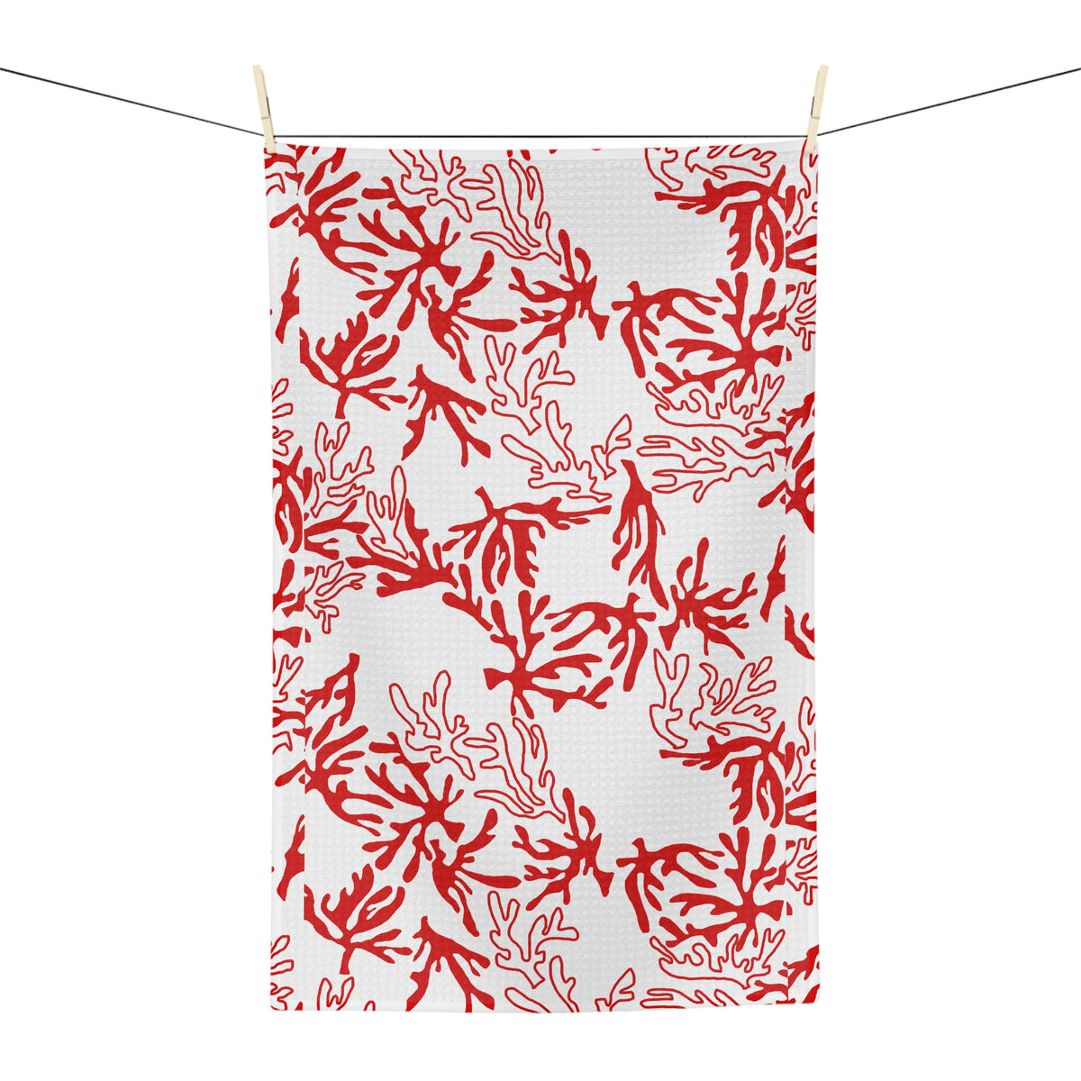 Red and white coral print Hawaiʻi kitchen towel with original Global Village pattern