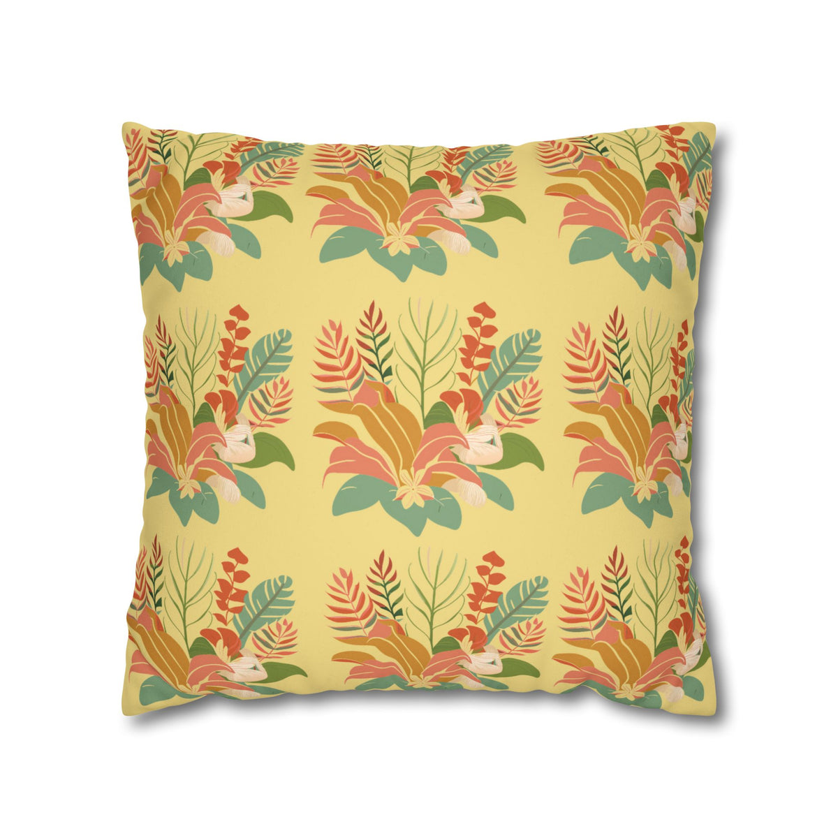 A square throw pillow featuring a retro-style botanical pattern with pink, orange, and green tropical leaves on a pale yellow background.