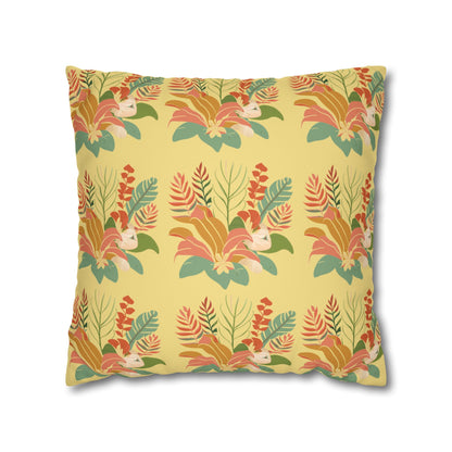 A square throw pillow featuring a retro-style botanical pattern with pink, orange, and green tropical leaves on a pale yellow background.
