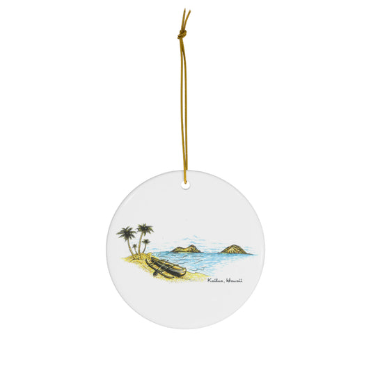 White ceramic ornament featuring a Kaʻōhao Kailua coastal sketch with canoes, palm trees and the Mokulua islands.