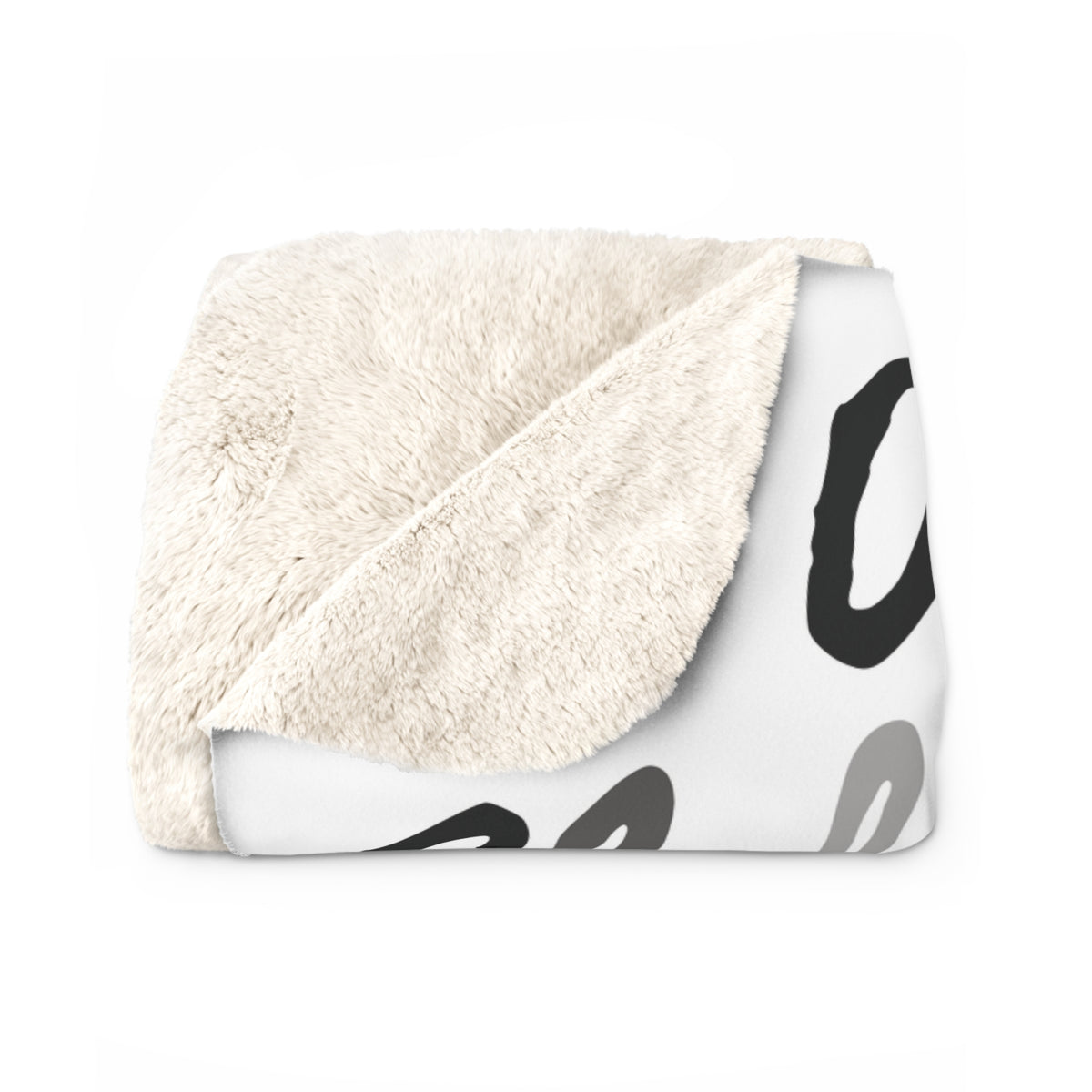 Folded Aloha grayscale sherpa fleece blanket with a repeating black, white and gray island-inspired design.