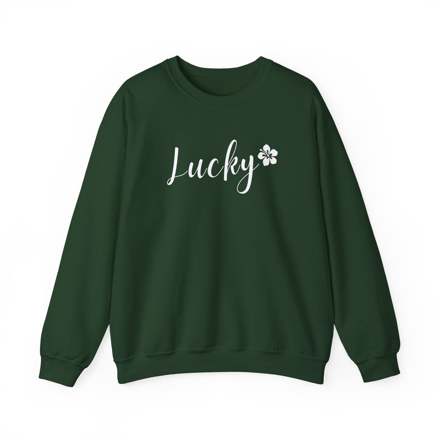 Green sweatshirt with 'Lucky' and a clover leaf on a white background