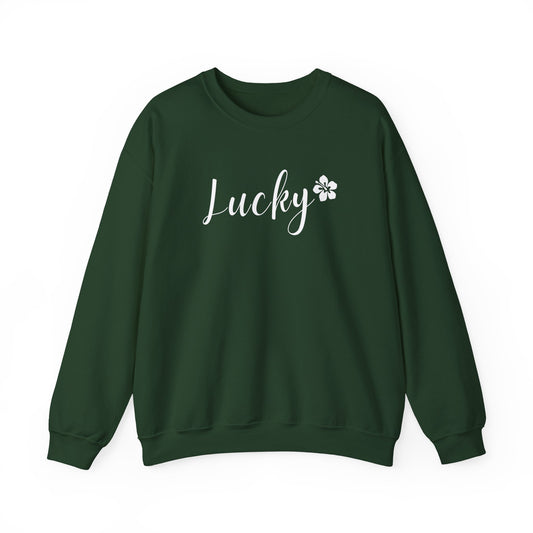Green sweatshirt with 'Lucky' and a clover leaf on a white background