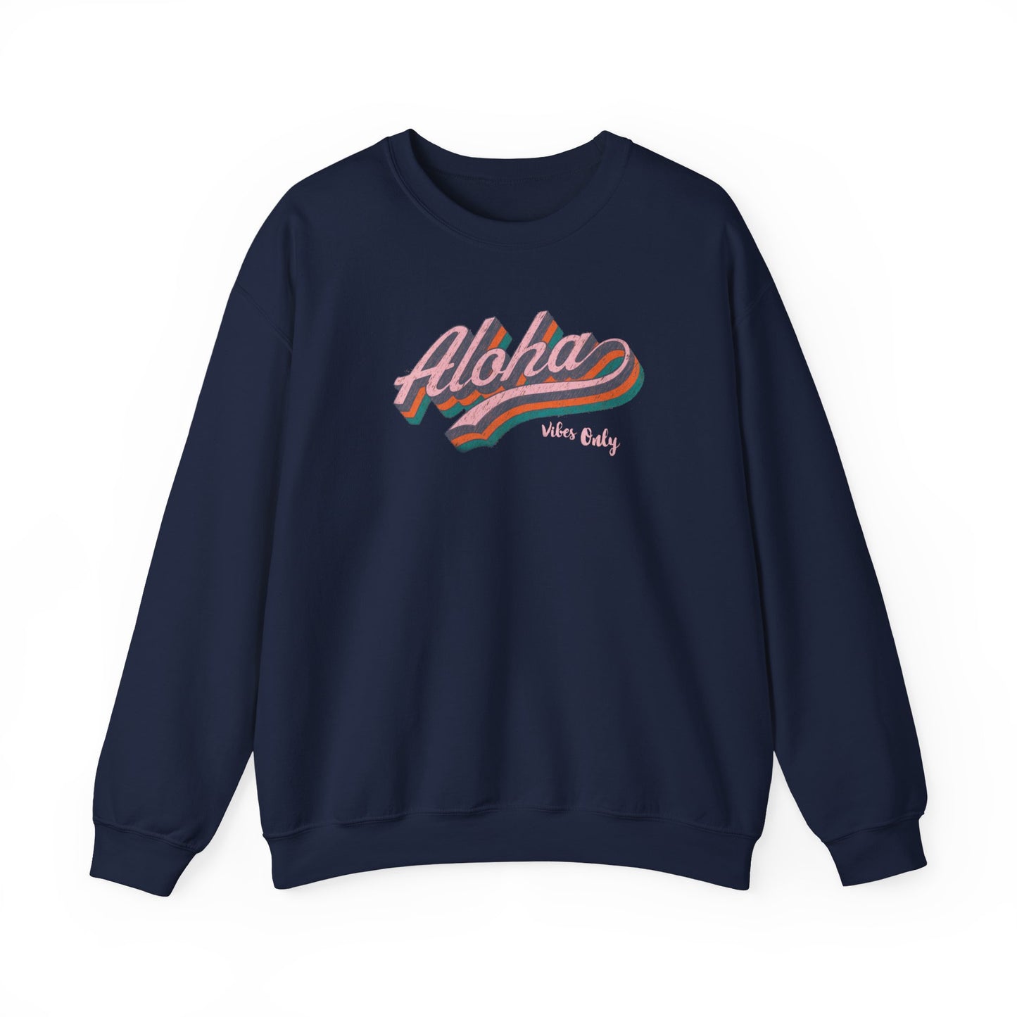 Aloha Vibes Only retro graphic crewneck sweatshirt featuring colorful vintage-inspired aloha lettering.