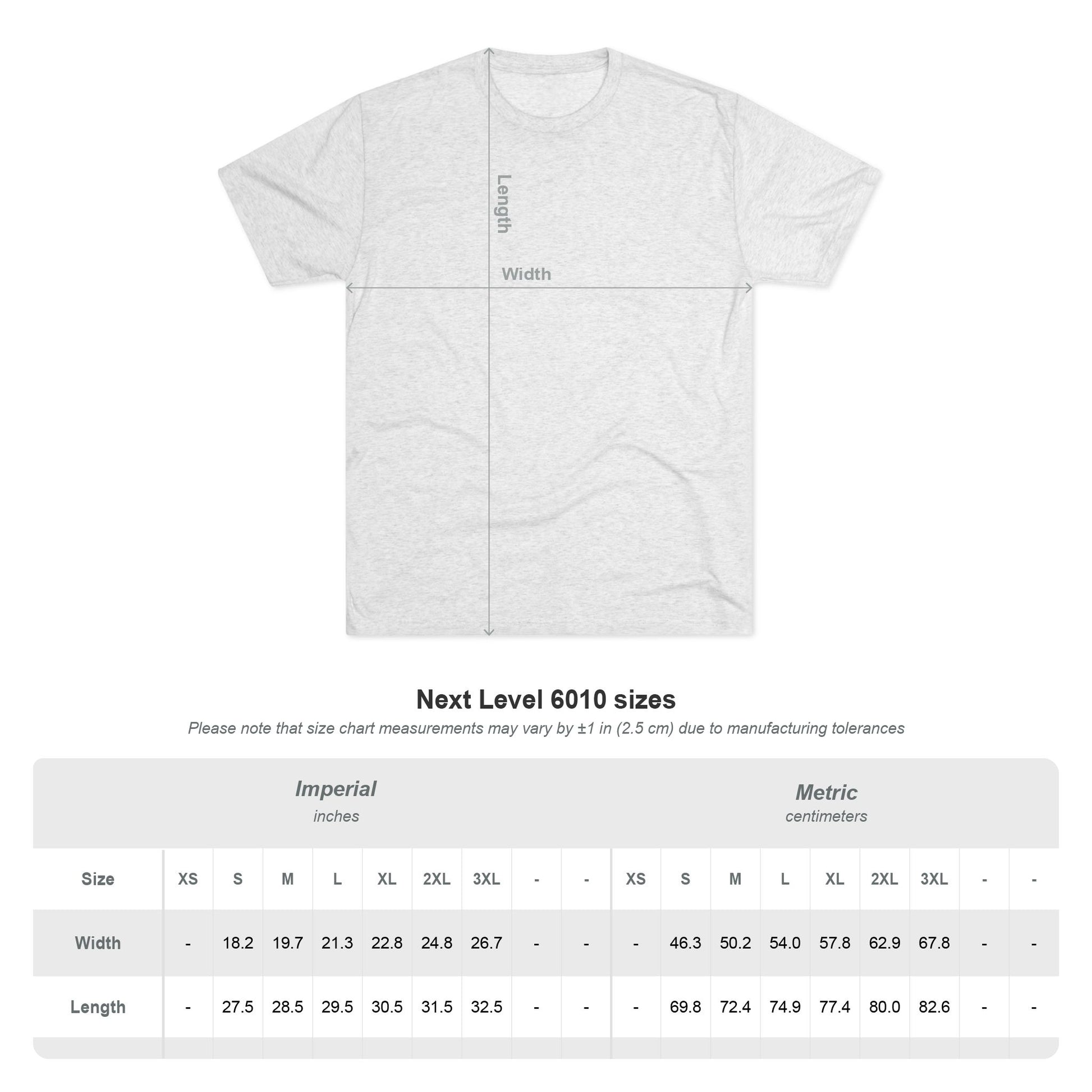 Gray t-shirt with size chart measurements on a white background