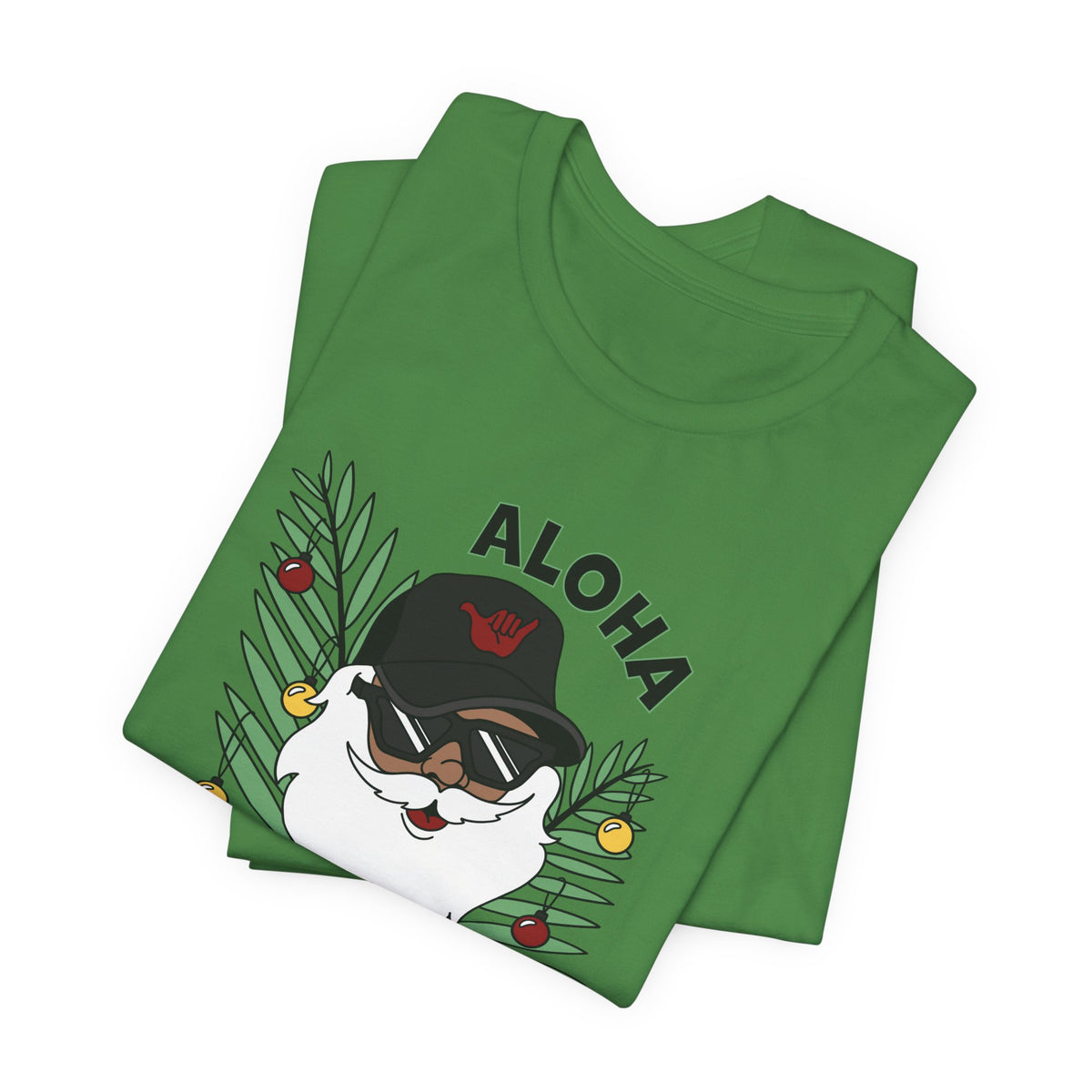 Folded Leaf Green Santa Kalikimaka unisex T-shirt with hand-drawn Santa wearing sunglasses and throwing a shaka surrounded by tropical palm leaves.
