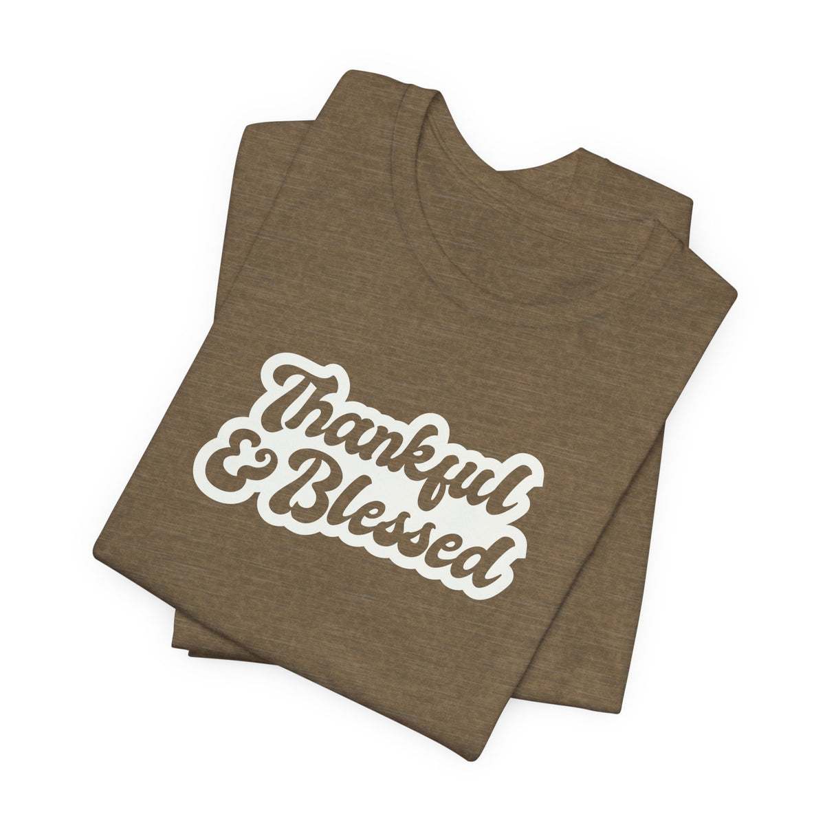 A folded heather olive t-shirt with 'Thankful & Blessed' printed in a white and brown retro-style font, displayed on a clean white background.