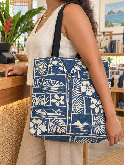 Indigo tote at checkout: Woman carrying an indigo and cream vintage aloha shirt tote with Hawaiian floral, canoe and island scenes at a shop counter.