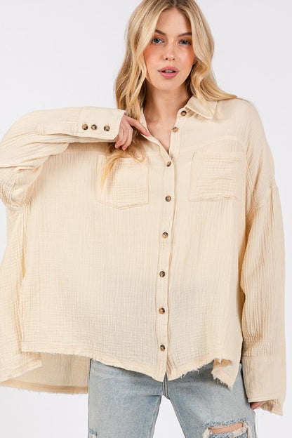 Natural Frayed Hem Cotton Button Down Shirt