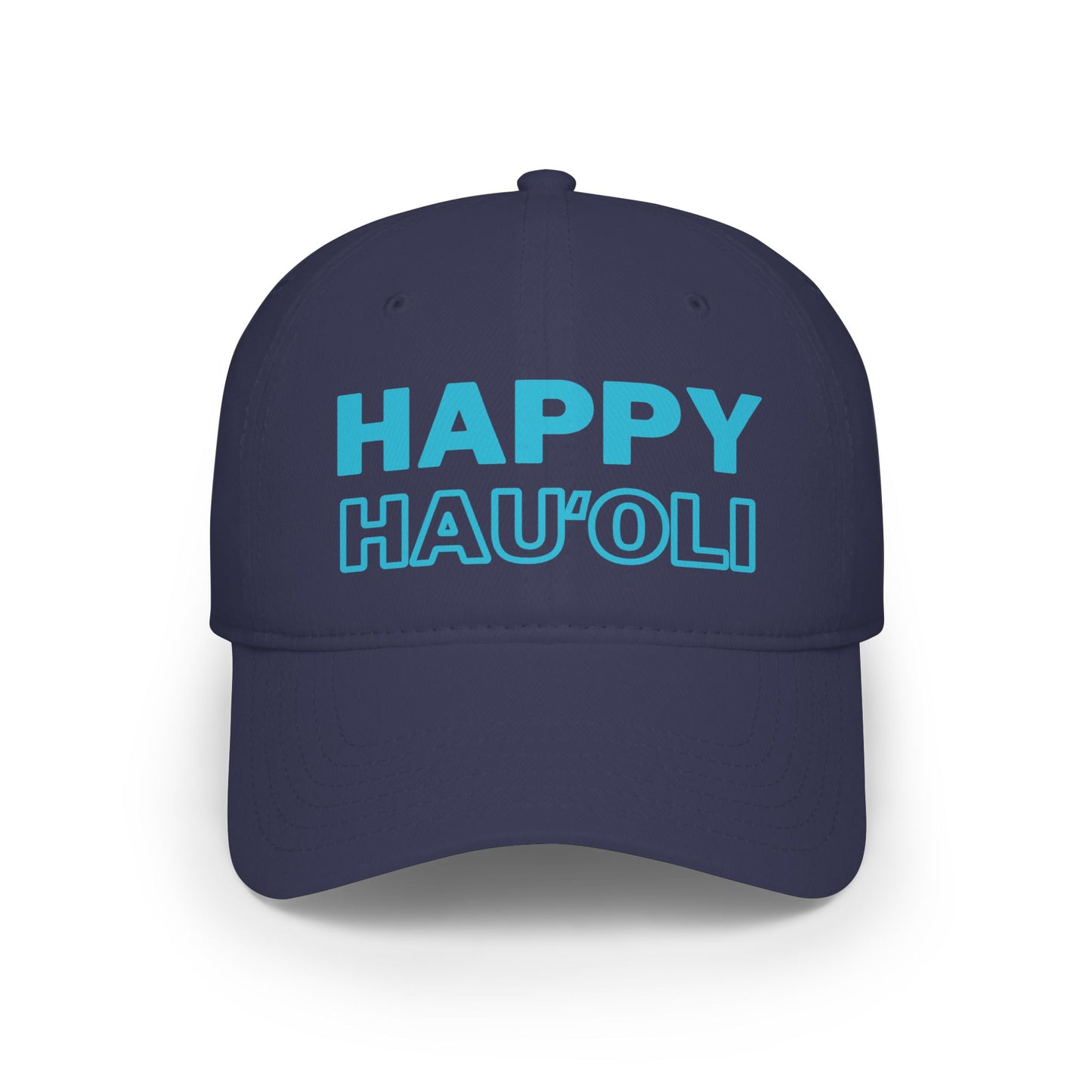 A navy blue baseball cap with 'HAPPY HAU'OLI' printed in light blue on the front, shown against a plain white background.