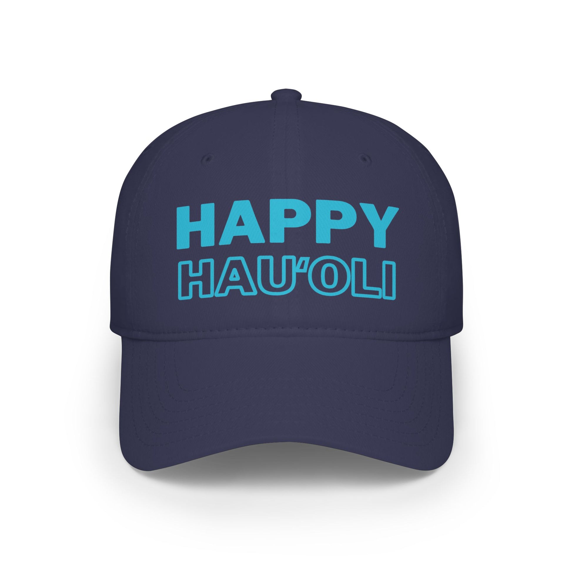 A navy blue baseball cap with 'HAPPY HAU'OLI' printed in light blue on the front, shown against a plain white background.
