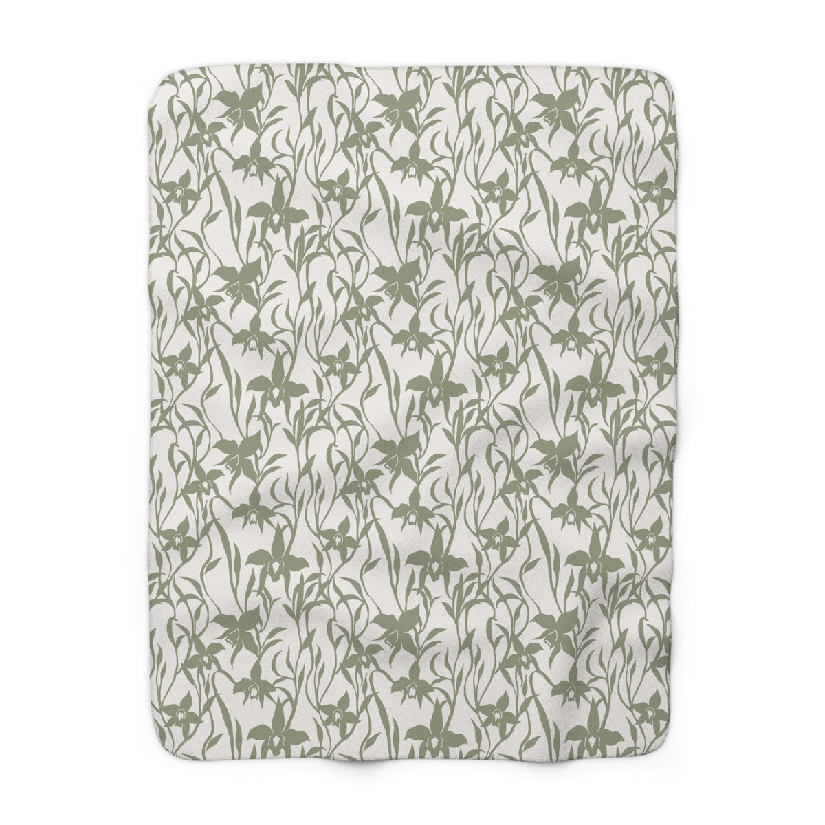 Sage green orchid-and-leaf print sherpa fleece blanket with a warm white background and rounded corners.