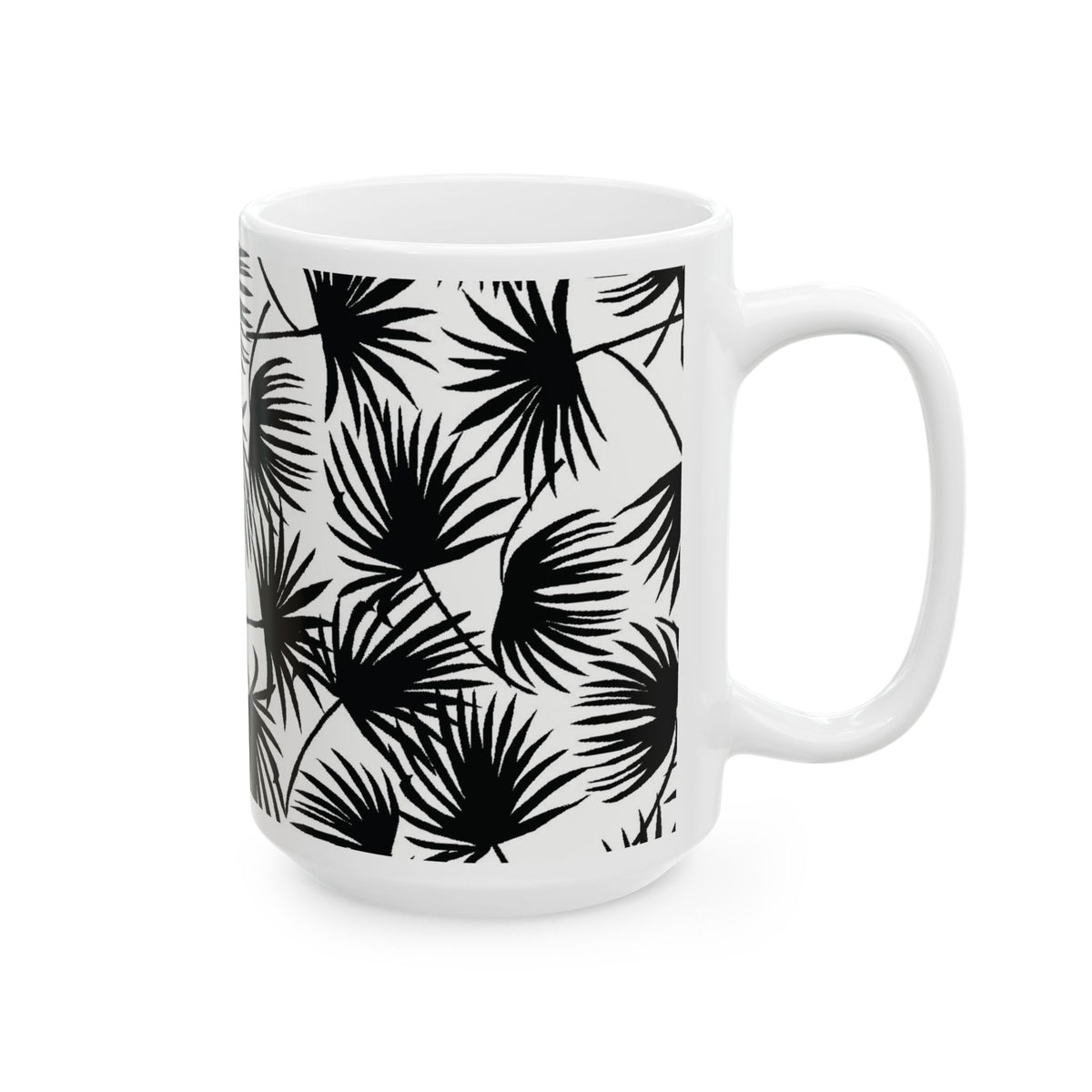 Palm Fan Black coffee mug with black and white tropical palm print by Global Village Kailua