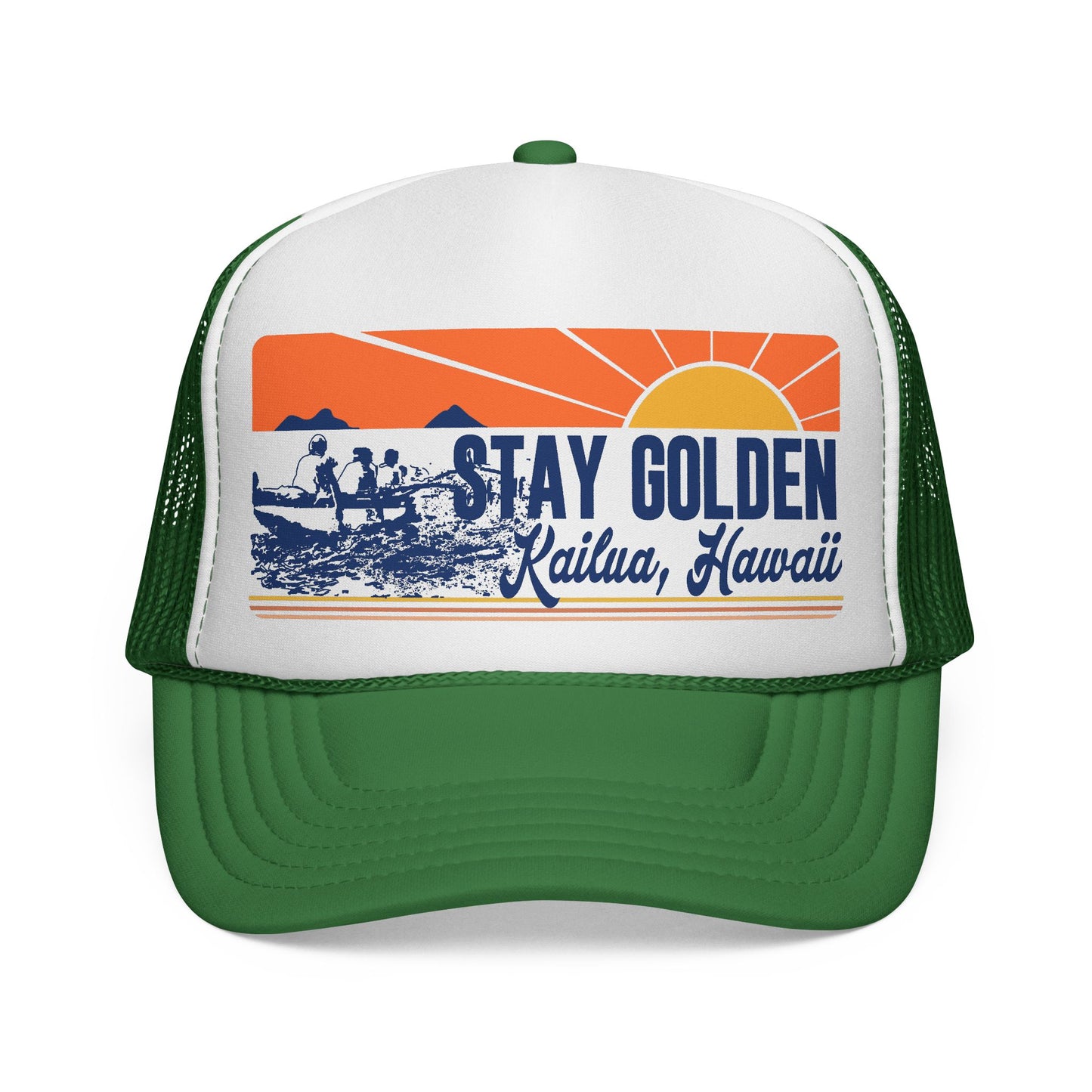 Stay Golden trucker hat featuring an original Hawaii-inspired design inspired by the Kaʻōhao sunrise and canoe paddlers by Global Village Kailua.