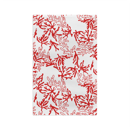 Red and white coral print Hawaiʻi kitchen towel with original Global Village pattern