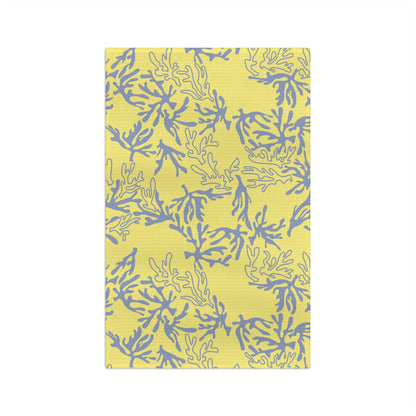 Coral Yellow and Grey microfiber kitchen towel featuring an original island-inspired coral reef pattern by Global Village Kailua.