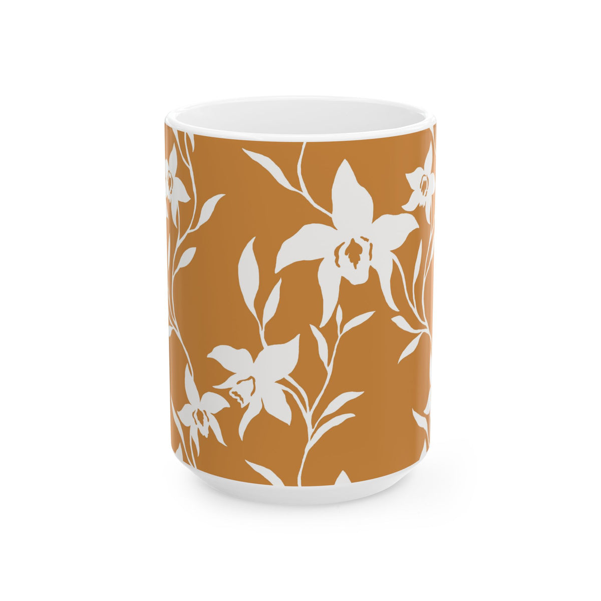Orchid Caramel coffee mug with white tropical orchid print by Global Village Kailua