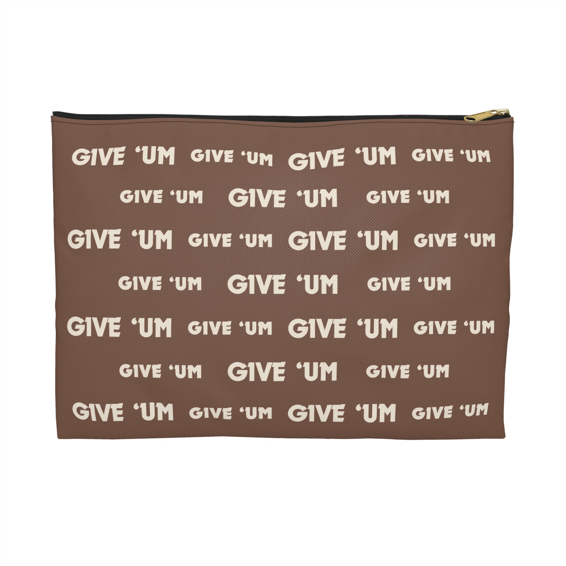 Brown pouch with 'GIVE 'UM' text pattern on a white background